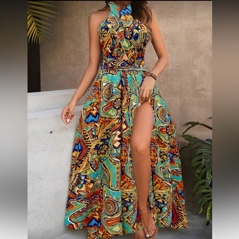 Boho print ruffle hem halter maxi dress